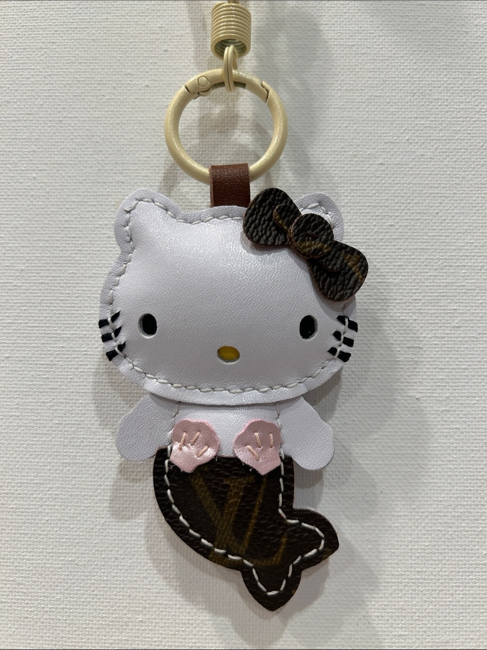 Upcycled LV Monogram Leather Hello Kitty Mermaid Bag Charm Keychain Pink Shells